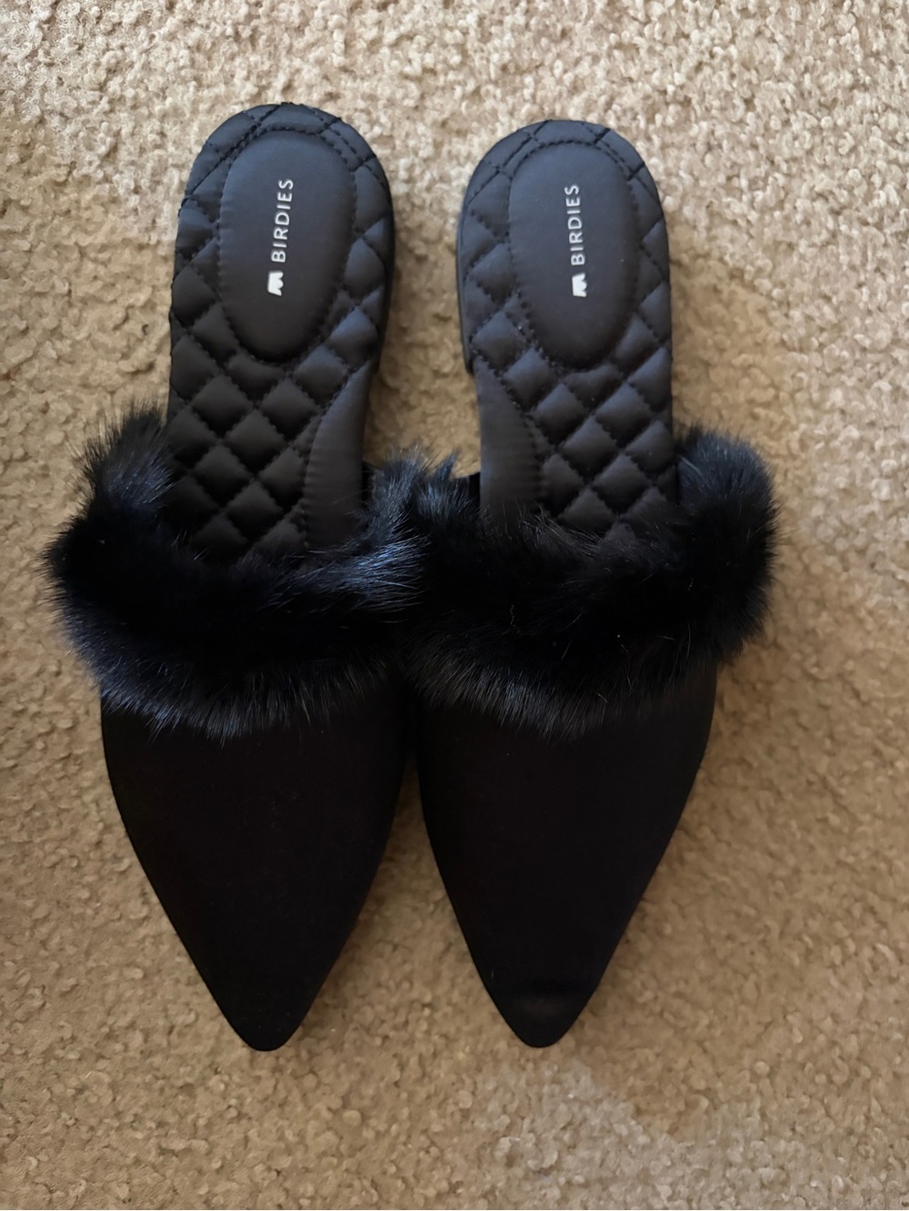 Birdies Black Faux Fur ‘The  Dove’Pointed Slip-On Mules NEW IN BOX size 10